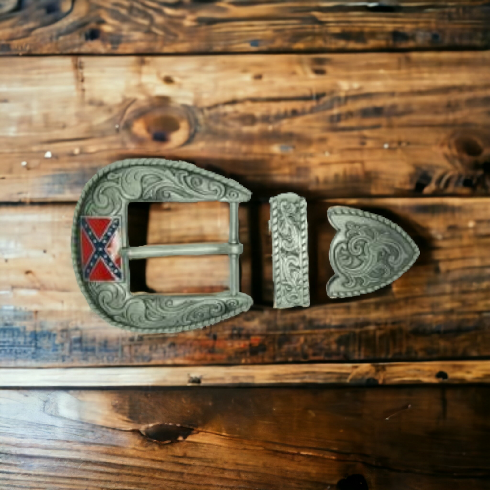 3 Piece Western Battle Flag Belt Buckle Set